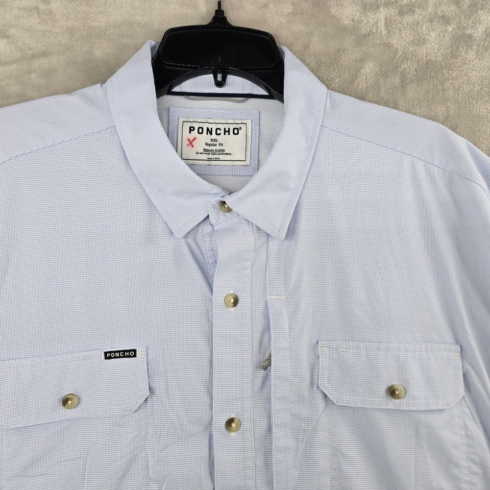 Poncho Fishing Shirt Mens 2XL Blue Microgrid Magnetic Pockets Vented